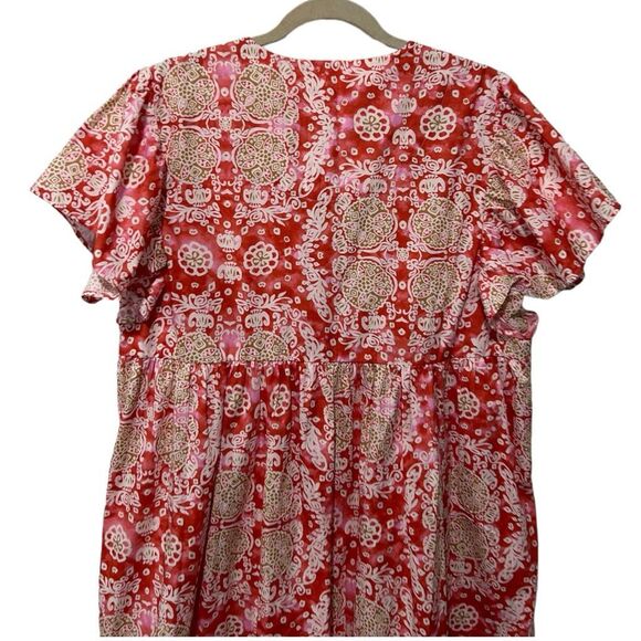 Anthropologie Maeve Geometric Short Flutter-Sleeve Babydoll Dress Pink Large NWT - Picture 7 of 15